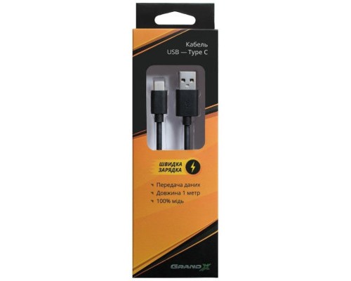 Дата кабель USB 2.0 AM to Type-C 1.0m black Grand-X (TPC-01)