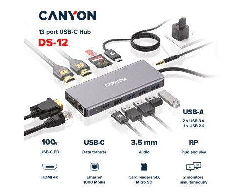 Порт-реплікатор Canyon DS-12, 13 in 1 USB-C hub, 2*HDMI, Gigabit Ethernet, VGA, 3*USB3.0, PD/100W, 3.5mm audio jack (CNS-TDS12)