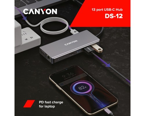Порт-реплікатор Canyon DS-12, 13 in 1 USB-C hub, 2*HDMI, Gigabit Ethernet, VGA, 3*USB3.0, PD/100W, 3.5mm audio jack (CNS-TDS12)