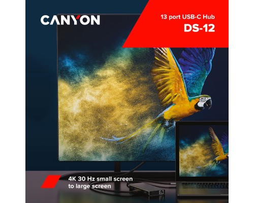 Порт-реплікатор Canyon DS-12, 13 in 1 USB-C hub, 2*HDMI, Gigabit Ethernet, VGA, 3*USB3.0, PD/100W, 3.5mm audio jack (CNS-TDS12)