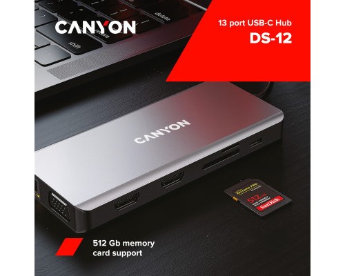 Порт-реплікатор Canyon DS-12, 13 in 1 USB-C hub, 2*HDMI, Gigabit Ethernet, VGA, 3*USB3.0, PD/100W, 3.5mm audio jack (CNS-TDS12)