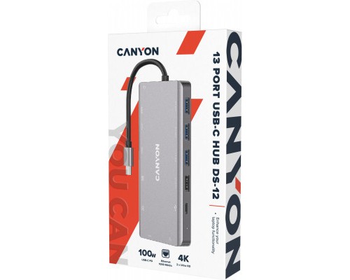 Порт-реплікатор Canyon DS-12, 13 in 1 USB-C hub, 2*HDMI, Gigabit Ethernet, VGA, 3*USB3.0, PD/100W, 3.5mm audio jack (CNS-TDS12)