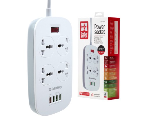 Мережевий фільтр живлення ColorWay 4 розетки/4USB White 1.8м (1QC3.0 + 3 AUTO ID) (CW-CHU44QW)