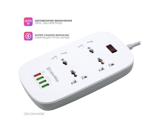 Мережевий фільтр живлення ColorWay 4 розетки/4USB White 1.8м (1QC3.0 + 3 AUTO ID) (CW-CHU44QW)