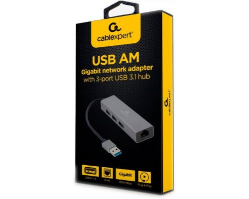Адаптер USB-A to Gigabit Ethernet, 3 Ports USB 3.1 Gen1 Cablexpert (A-AMU3-LAN-01)