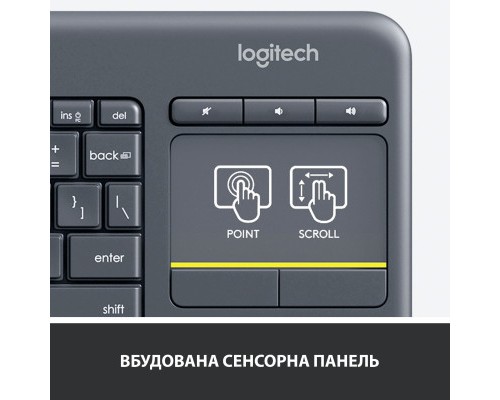 Клавіатура Logitech K400 Plus Touch Wireless UA Black (920-007145)
