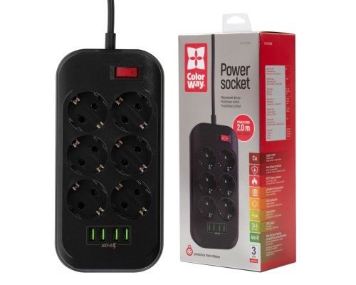 Мережевий фільтр живлення ColorWay CW-CHE64B, 6 розеток/4USB Black (CW-CHE64B)