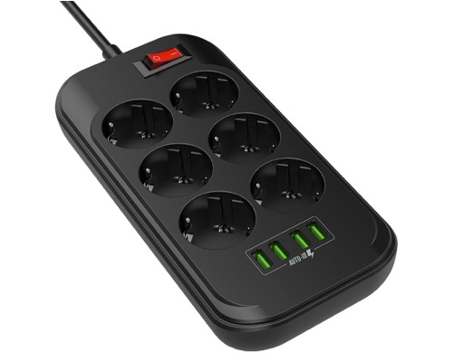 Мережевий фільтр живлення ColorWay CW-CHE64B, 6 розеток/4USB Black (CW-CHE64B)