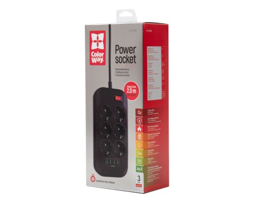 Мережевий фільтр живлення ColorWay CW-CHE64B, 6 розеток/4USB Black (CW-CHE64B)