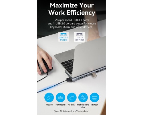 Концентратор Vention USB3.1 Type-C to DP/HDMI/VGA/USB-C/USB3.0x3/RJ45/SD/TF/TRRS 3.5mm/PD 100W 12in1 (THSHC)