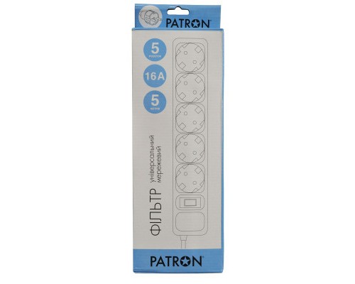 Мережевий фільтр живлення Patron 5.0 m, 3*1.5mm2 (SP-1655) 5 розеток BLACK (EXT-PN-SP-1655)