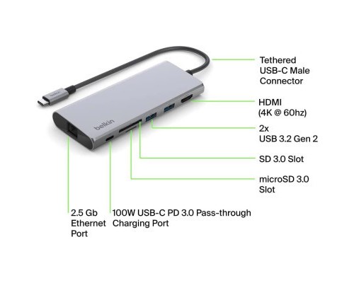 Концентратор USB-C 7in1 Ethernet Multiport Dock Belkin (INC009BTSGY)