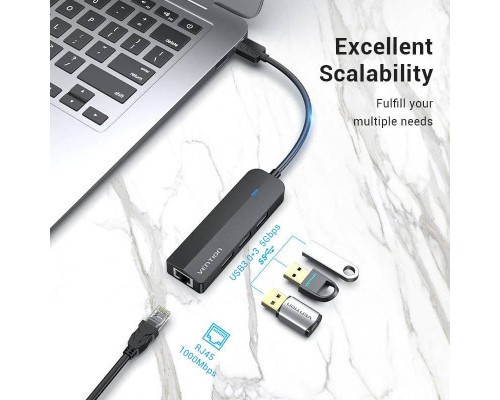 Концентратор Vention USB 3.0 to 3хUSB 3.0/RJ45 Gigabit black (CHNBB)