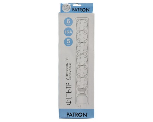 Мережевий фільтр живлення Patron 5.0 m, 3*1.5mm2 (SP-1655) 6 розеток BLACK (EXT-PN-SP-1665)
