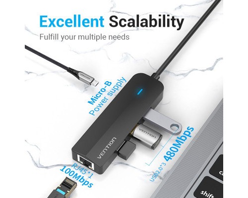 Концентратор Vention USB 3.1 Type-C to 3xUSB 2.0+MicroUSB+RJ45 100M Ethernet black (TGOBB)