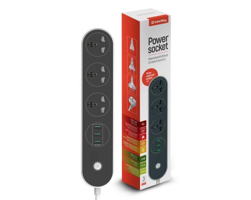 Мережевий фільтр живлення ColorWay CW-CHU33B, 3 розетки/3USB Black 1.8M (CW-CHU33B)