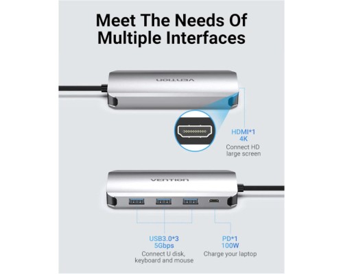 Концентратор Vention USB 3.1 Type-C to HDM/USB 3.0х3//PD 100W 5-in-1 (THFHB)