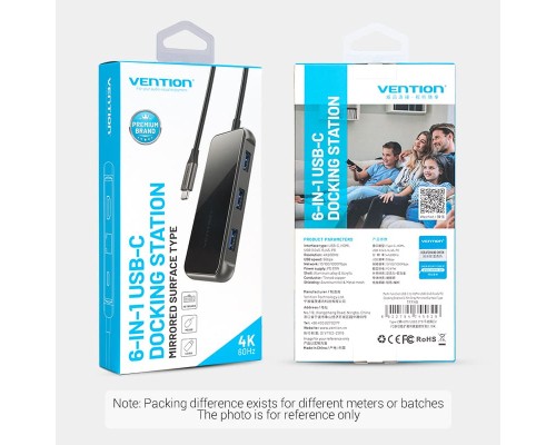 Концентратор Vention USB 3.1 Type-C to HDMI 4K60Hz/USB 3.0х3/RJ45/PD 87W 6-in-1 Mirrored Surface (TFFHB)