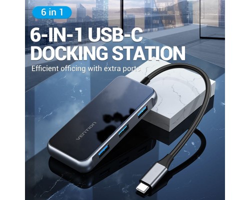 Концентратор Vention USB 3.1 Type-C to HDMI 4K60Hz/USB 3.0х3/RJ45/PD 87W 6-in-1 Mirrored Surface (TFFHB)