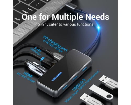 Концентратор Vention USB 3.1 Type-C to HDMI 4K60Hz/USB 3.0х3/RJ45/PD 87W 6-in-1 Mirrored Surface (TFFHB)