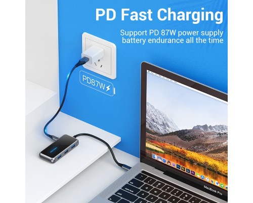 Концентратор Vention USB 3.1 Type-C to HDMI 4K60Hz/USB 3.0х3/RJ45/PD 87W 6-in-1 Mirrored Surface (TFFHB)