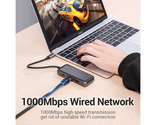 Концентратор Vention USB 3.1 Type-C to HDMI 4K60Hz/USB 3.0х3/RJ45/PD 87W 6-in-1 Mirrored Surface (TFFHB)