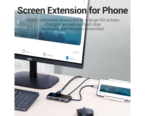 Концентратор Vention USB 3.1 Type-C to HDMI 4K60Hz/USB 3.0х3/RJ45/PD 87W 6-in-1 Mirrored Surface (TFFHB)