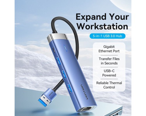 Концентратор Vention USB 3.0 to USB 3.0x3/RJ45/Type-C Hub Blue Aluminum Alloy 5-in-1 (TGFSB)