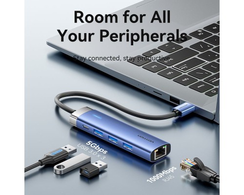 Концентратор Vention USB 3.0 to USB 3.0x3/RJ45/Type-C Hub Blue Aluminum Alloy 5-in-1 (TGFSB)