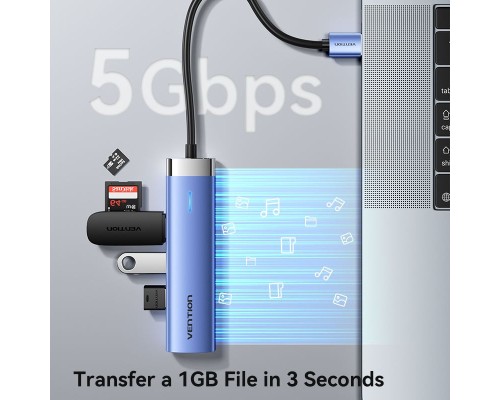 Концентратор Vention USB 3.0 to USB 3.0x3/RJ45/Type-C Hub Blue Aluminum Alloy 5-in-1 (TGFSB)
