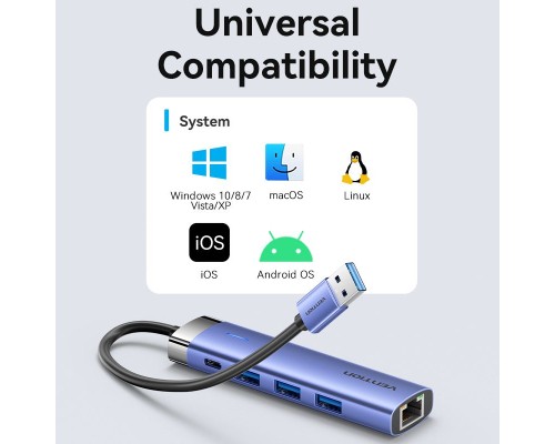 Концентратор Vention USB 3.0 to USB 3.0x3/RJ45/Type-C Hub Blue Aluminum Alloy 5-in-1 (TGFSB)