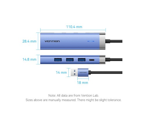 Концентратор Vention USB 3.0 to USB 3.0x3/RJ45/Type-C Hub Blue Aluminum Alloy 5-in-1 (TGFSB)