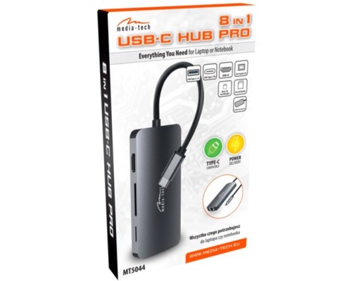 Концентратор Media-Tech USB3.1 Type-C to HDMI/USB 3.0x3/RJ45/SD/MicroSD/PD 100W Hub Pro 8-in-1 (MT5044)