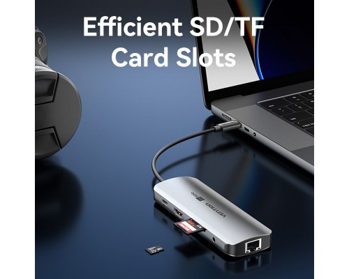 Концентратор Vention USB 3.1 Type-C to HDMI 4K60Hz/USB 3.0x2/RJ45/SD/TF/3.5mm/PD 100W Hub 9-in-1 (TQMHB)