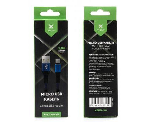 Дата кабель USB 2.0 AM to Micro 5P 1m flat nylon blue Vinga (VCPDCMFNB1B)