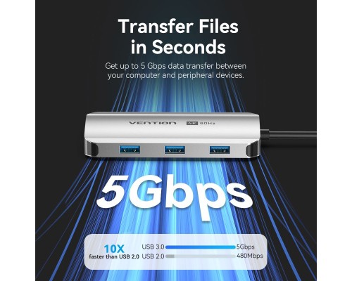 Концентратор Vention USB 3.1 Type-C to HDMI 4K60Hz/USB 3.0x3/RJ45/PD 100W 6-in-1 (TQHHB)