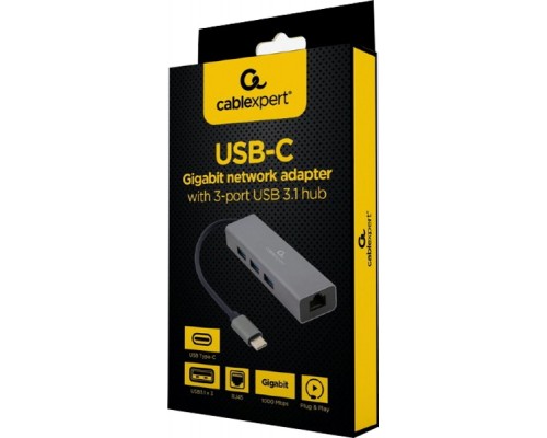 Концентратор Cablexpert Type-С to Gigabit Ethernet, 3 Ports USB 3.1 Gen1 (5 Gbps) (A-CMU3-LAN-01)