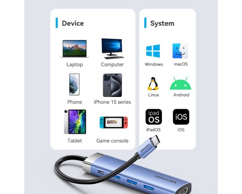 Концентратор Vention USB 3.1 Type-C to HDMI/USB 3.0x3/PD 100W Blue Aluminum Alloy Hub 5-in-1 (TGESB)