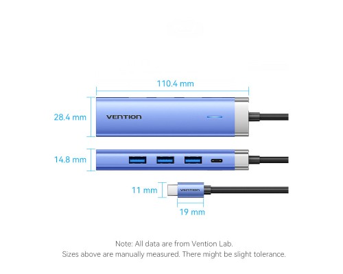 Концентратор Vention USB 3.1 Type-C to HDMI/USB 3.0x3/PD 100W Blue Aluminum Alloy Hub 5-in-1 (TGESB)