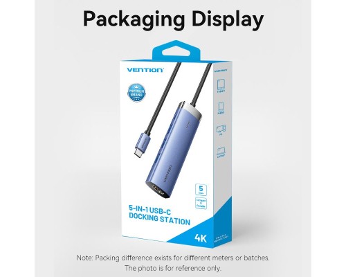 Концентратор Vention USB 3.1 Type-C to HDMI/USB 3.0x3/PD 100W Blue Aluminum Alloy Hub 5-in-1 (TGESB)