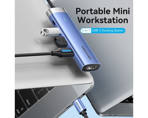Концентратор Vention USB 3.1 Type-C to HDMI/USB 3.0x3/PD 100W Blue Aluminum Alloy Hub 5-in-1 (TGESB)