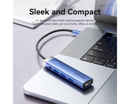 Концентратор Vention USB 3.1 Type-C to HDMI/USB 3.0x3/PD 100W Blue Aluminum Alloy Hub 5-in-1 (TGESB)