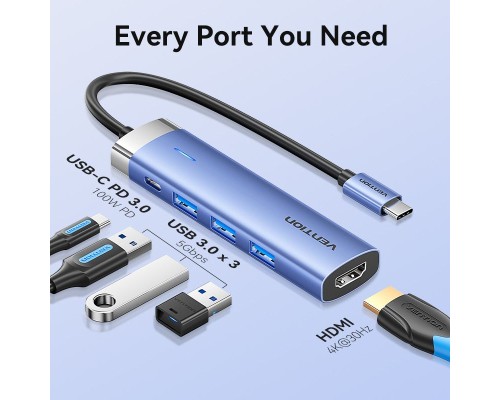 Концентратор Vention USB 3.1 Type-C to HDMI/USB 3.0x3/PD 100W Blue Aluminum Alloy Hub 5-in-1 (TGESB)