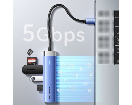 Концентратор Vention USB 3.1 Type-C to HDMI/USB 3.0x3/PD 100W Blue Aluminum Alloy Hub 5-in-1 (TGESB)