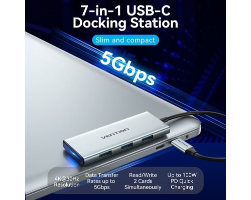 Концентратор Vention USB 3.1 Type-C to HDMI/USB 3.0x3/SD/TF/PD 100W 7-in-1 (TOPHB)