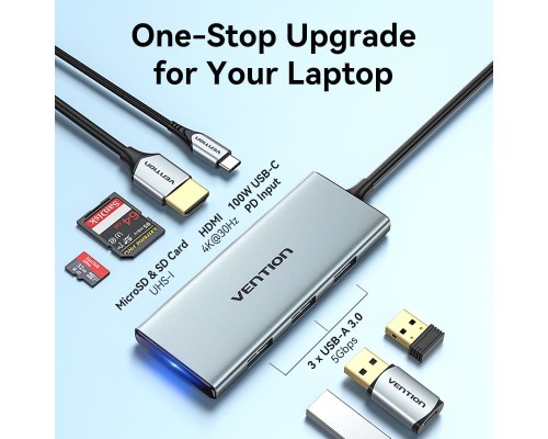 Концентратор Vention USB 3.1 Type-C to HDMI/USB 3.0x3/SD/TF/PD 100W 7-in-1 (TOPHB)