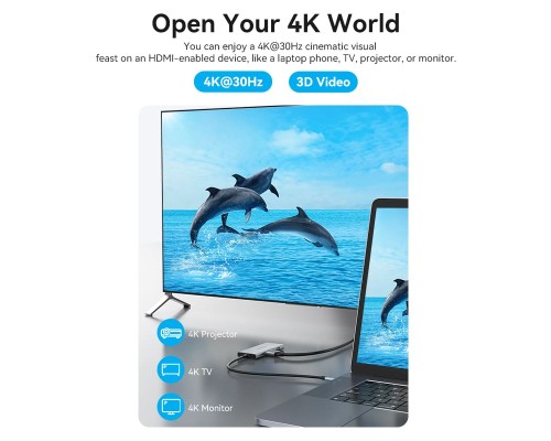 Концентратор Vention USB 3.1 Type-C to HDMI/USB 3.0x3/SD/TF/PD 100W 7-in-1 (TOPHB)