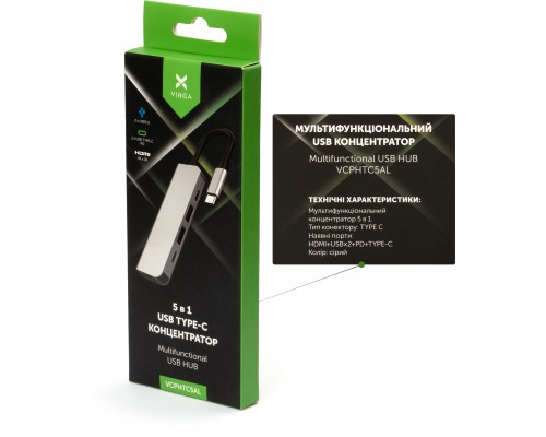 Концентратор Vinga Type-C to 4K HDMI+2*USB3.0+PD+USB-C 3.1 Gen1 aluminum (VCPHTC5AL)