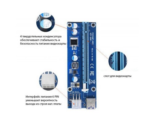 Райзер PCI-E x1 to 16x 60cm USB 3.0 Cable SATA to 6Pin Power v.006C Dynamode (RX-riser-006c 6 pin)