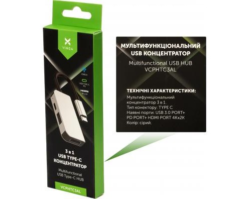 Концентратор Vinga Type-C to 4K HDMI+USB3.0+PD aluminium (VCPHTC3AL)